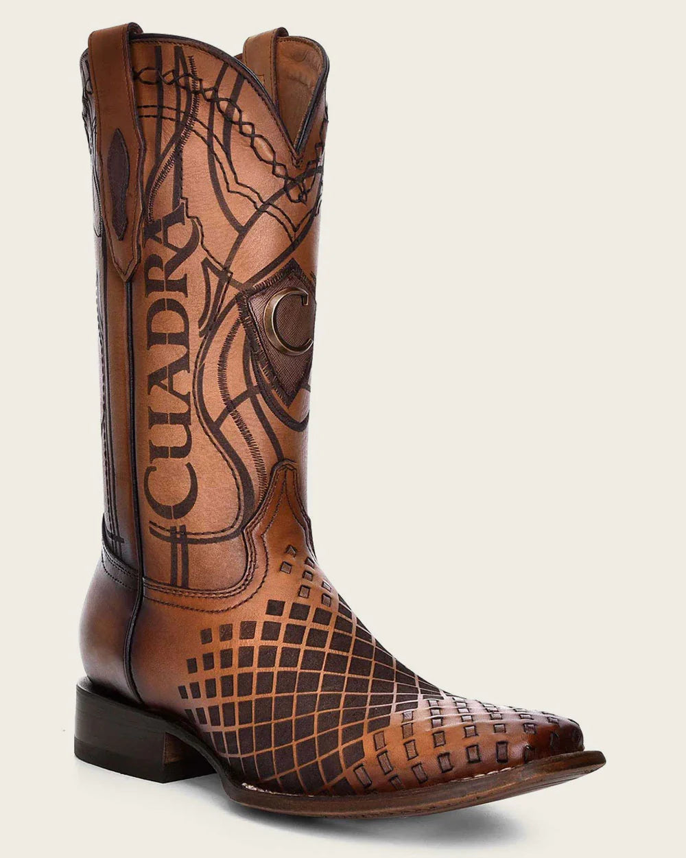 MENS CUADRA ENGRAVED HONEY LEATHER WESTERN BOOTS