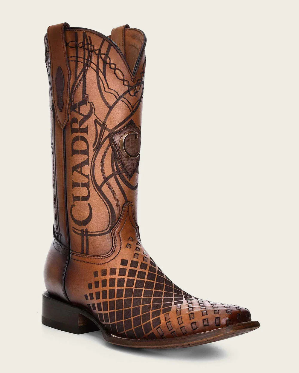 MENS CUADRA ENGRAVED HONEY LEATHER WESTERN BOOTS