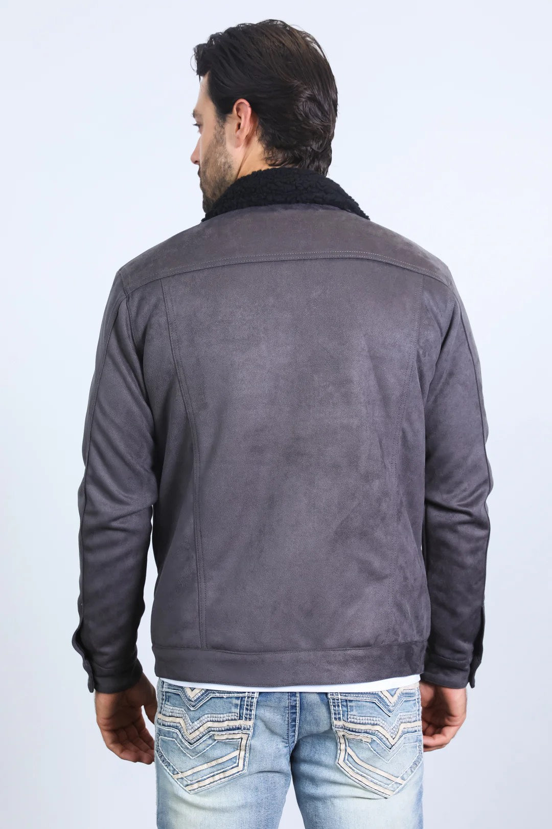 PLATINI MENS SHERPA LINED FAUX SUEDE JACKET - CHARCOAL