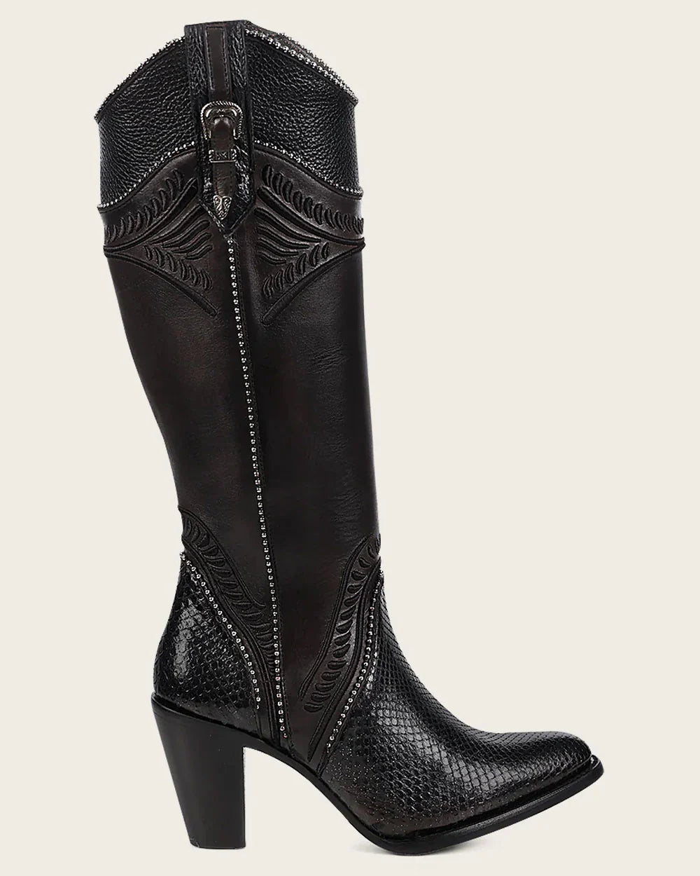WOMENS CUADRA BLACK PYTHON KNEE HIGH BOOTS