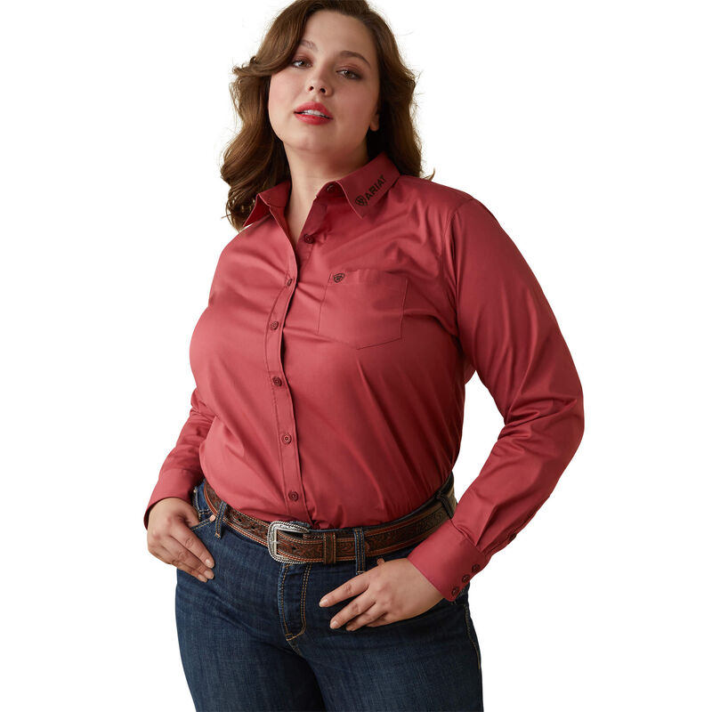 WOMEN'S ARIAT TEAM KIRBY STRETCH LS SHIRT, EARTH RED / PONY