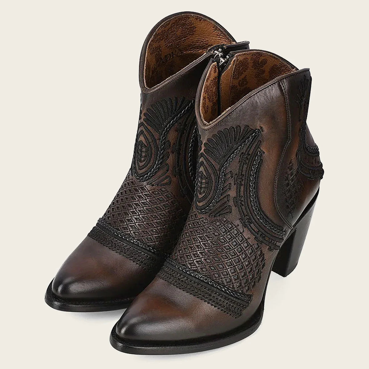 CUADRA WOMEN'S ARTISAN EMBROIDERED BROWN LEATHER BOOTIE
