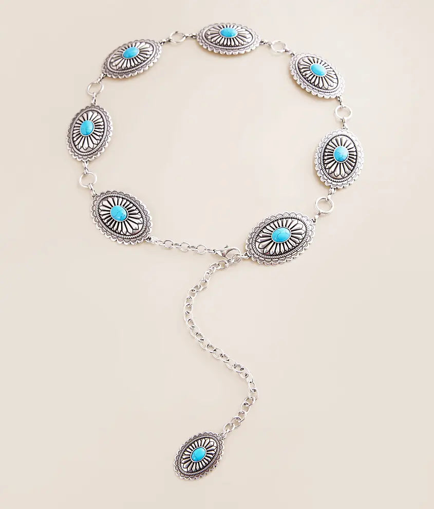 ARIAT SILVER & TURQUOISE STONE OVAL CONCHO CHAIN BELT