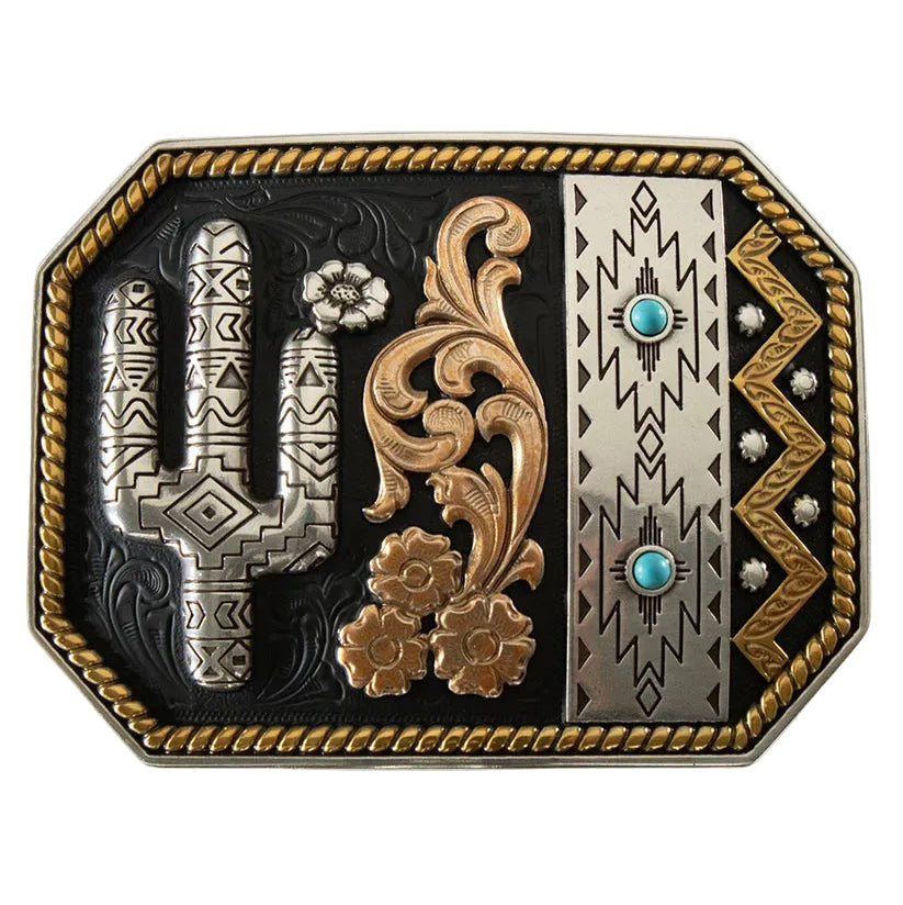 MULTI-FINISH FLORAL, CACTUS AND SOUTHWEST ENGRAVED WESTERN BUCKLE