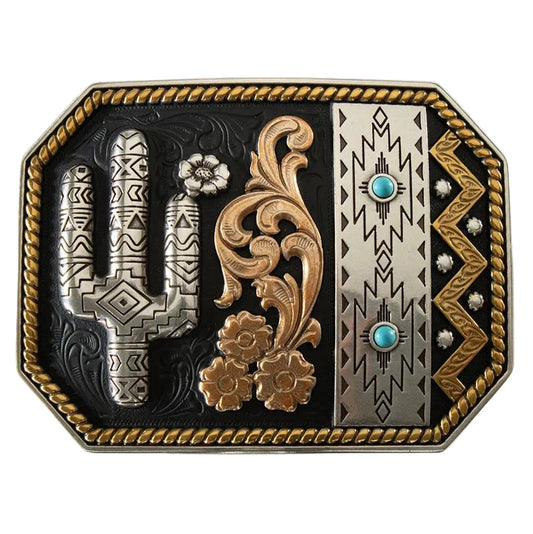 MULTI-FINISH FLORAL, CACTUS AND SOUTHWEST ENGRAVED WESTERN BUCKLE