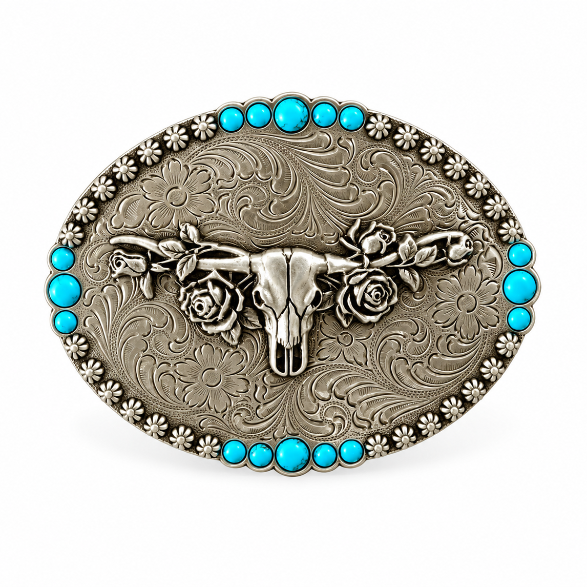 BLAZIN ROXX WESTERN OVAL LONGHORN & ROSES SILVER BELT BUCKLE