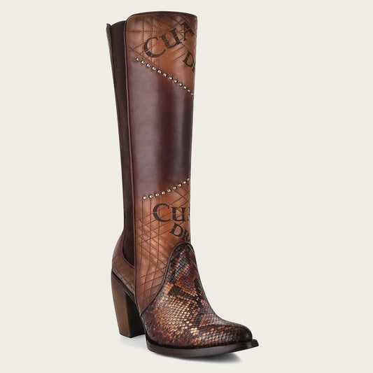 CUADRA Women's Genuine Python Brown Leather Boot, with laser engraved details