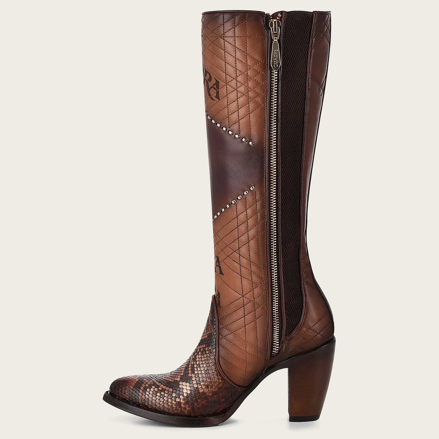 CUADRA Women's Genuine Python Brown Leather Boot, with laser engraved details