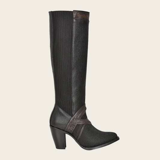 Black Exotic Riding Boot With Hand-Woven Details, Mantarraya