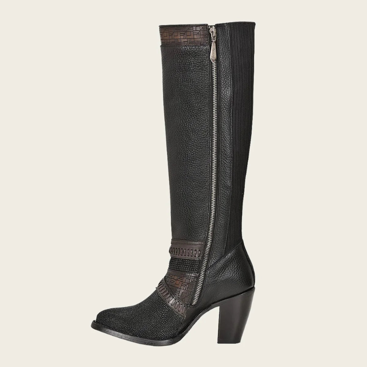 Black Exotic Riding Boot With Hand-Woven Details, Mantarraya