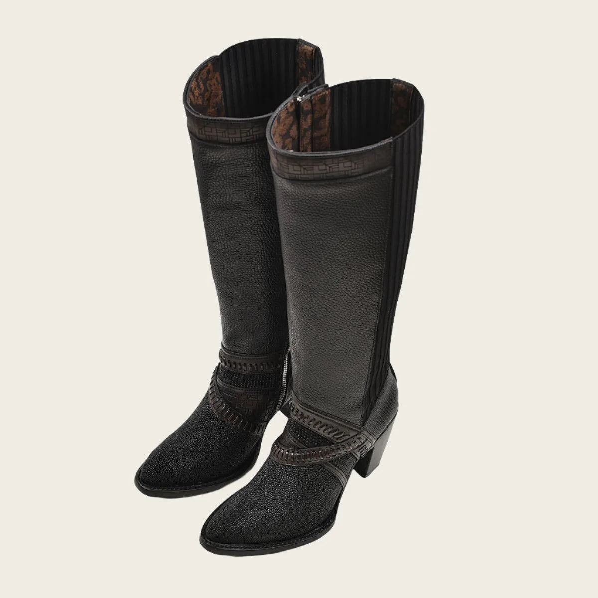 Black Exotic Riding Boot With Hand-Woven Details, Mantarraya