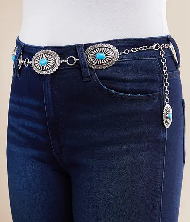 ARIAT SILVER & TURQUOISE STONE OVAL CONCHO CHAIN BELT