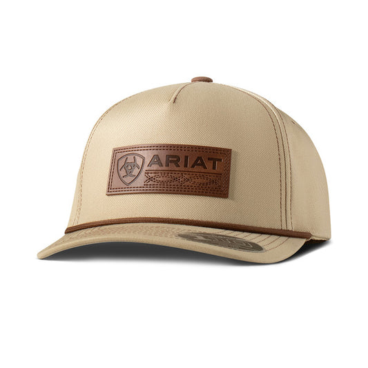 ARIAT MENS KHAKI FLEXFIT LEATHER PATCH CAP