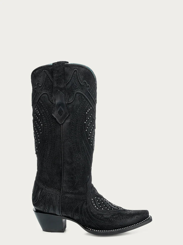WOMEN'S OVERLAY EMBROIDERY AND STUDS BLACK SNIP TOE COWBOY BOOTS
