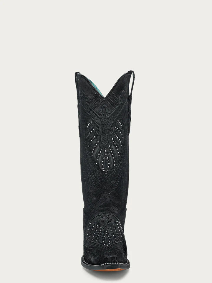WOMEN'S OVERLAY EMBROIDERY AND STUDS BLACK SNIP TOE COWBOY BOOTS