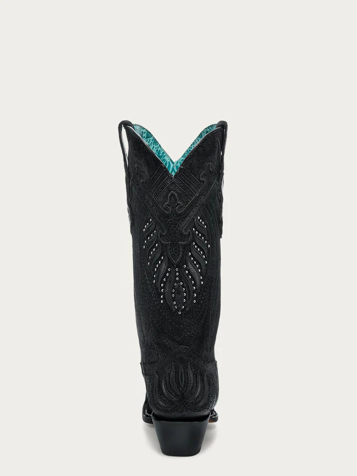 WOMEN'S OVERLAY EMBROIDERY AND STUDS BLACK SNIP TOE COWBOY BOOTS