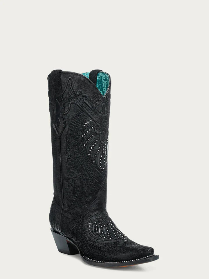 WOMEN'S OVERLAY EMBROIDERY AND STUDS BLACK SNIP TOE COWBOY BOOTS
