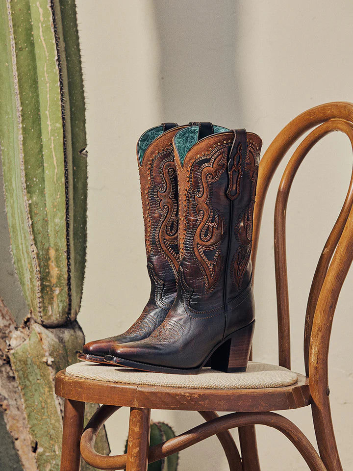 CORRAL WOMEN'S HONEY INLAY EMBROIDERY AND STUDS BROWN NARROW SQUARE TOE COWBOY BOOT