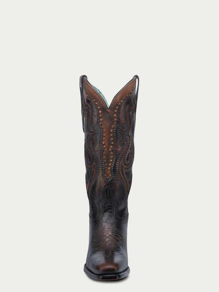 CORRAL WOMEN'S HONEY INLAY EMBROIDERY AND STUDS BROWN NARROW SQUARE TOE COWBOY BOOT