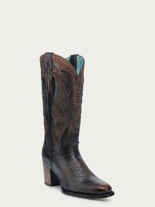 CORRAL WOMEN'S HONEY INLAY EMBROIDERY AND STUDS BROWN NARROW SQUARE TOE COWBOY BOOT