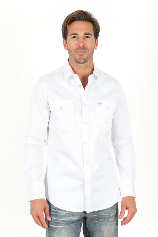 Men’s Single Pocket Logo Modern Fit Stretch Dress Shirt - White /SNAP