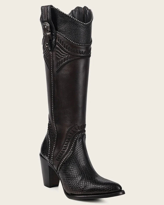 WOMENS CUADRA BLACK PYTHON KNEE HIGH BOOTS