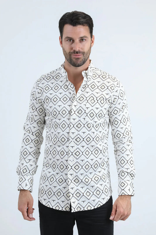 Mens Satin Cotton/Spandex Modern Fit Long Sleeve White Shirt/Camisa