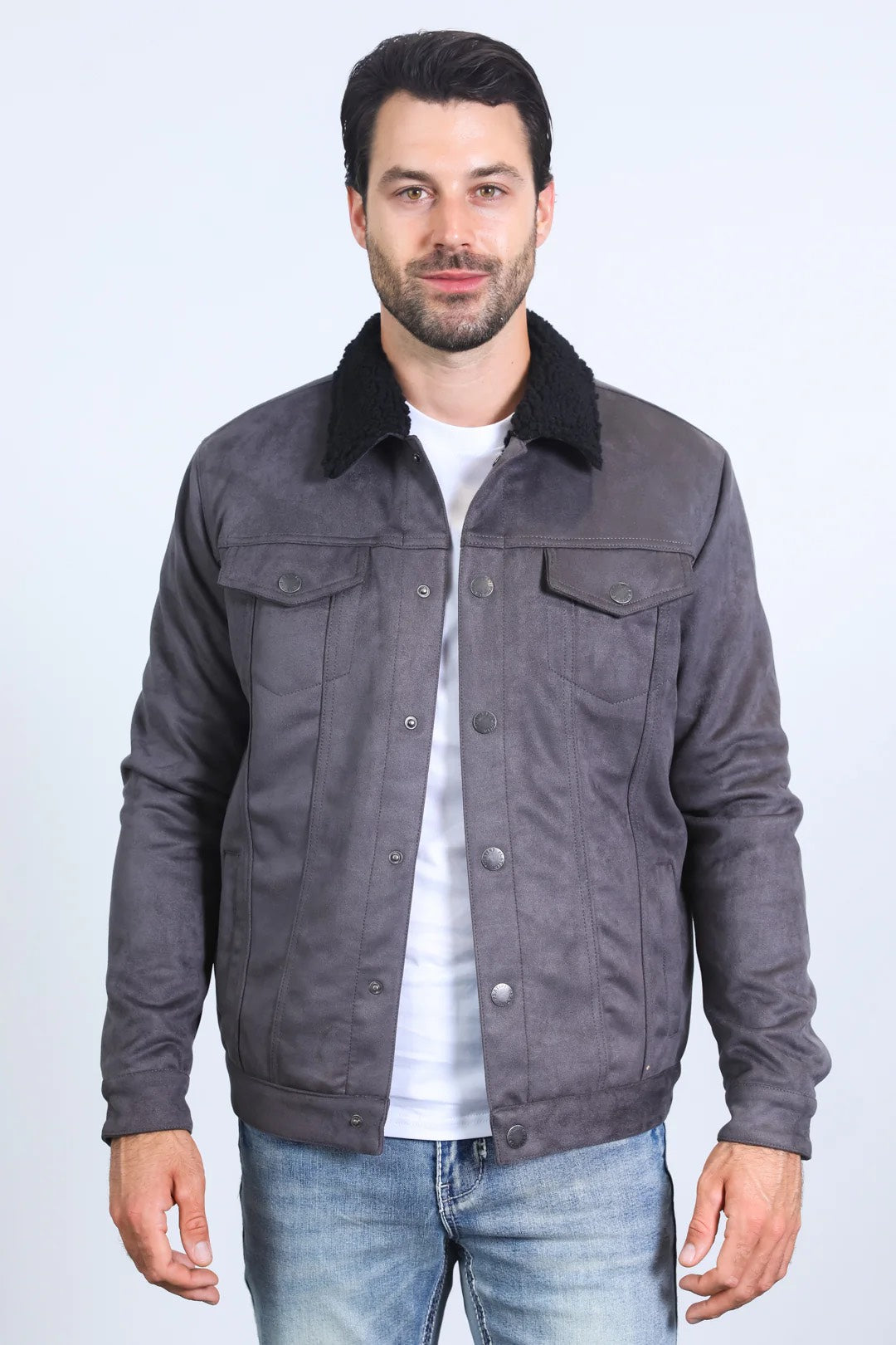 PLATINI MENS SHERPA LINED FAUX SUEDE JACKET - CHARCOAL