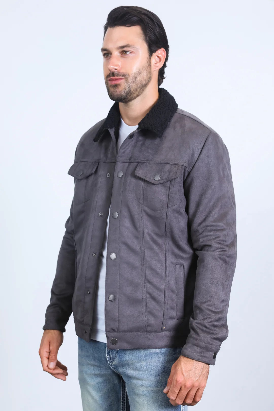 PLATINI MENS SHERPA LINED FAUX SUEDE JACKET - CHARCOAL