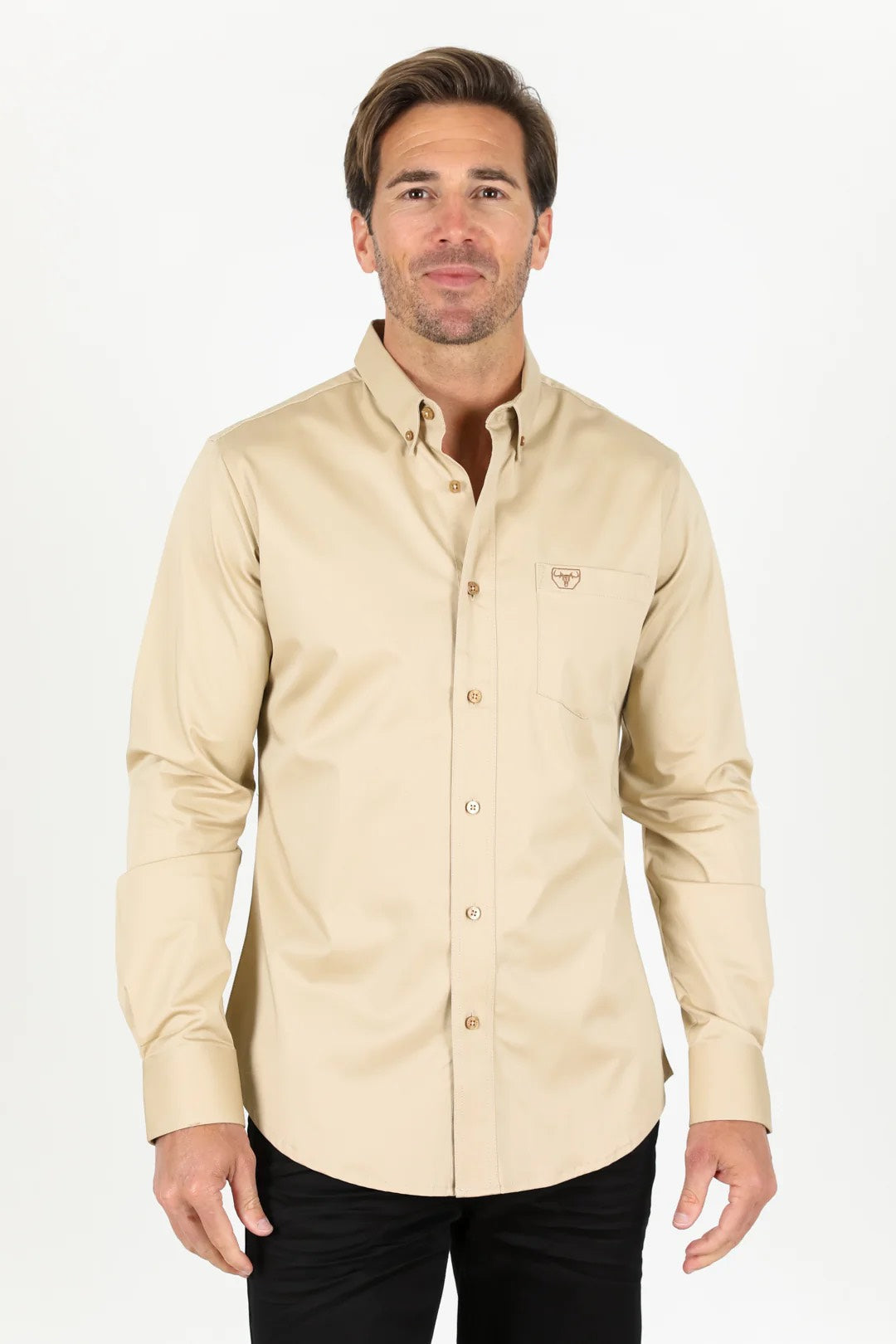PLATINI MENS MODERN FIT STRETCH DRESS SHIRT - BEIGE