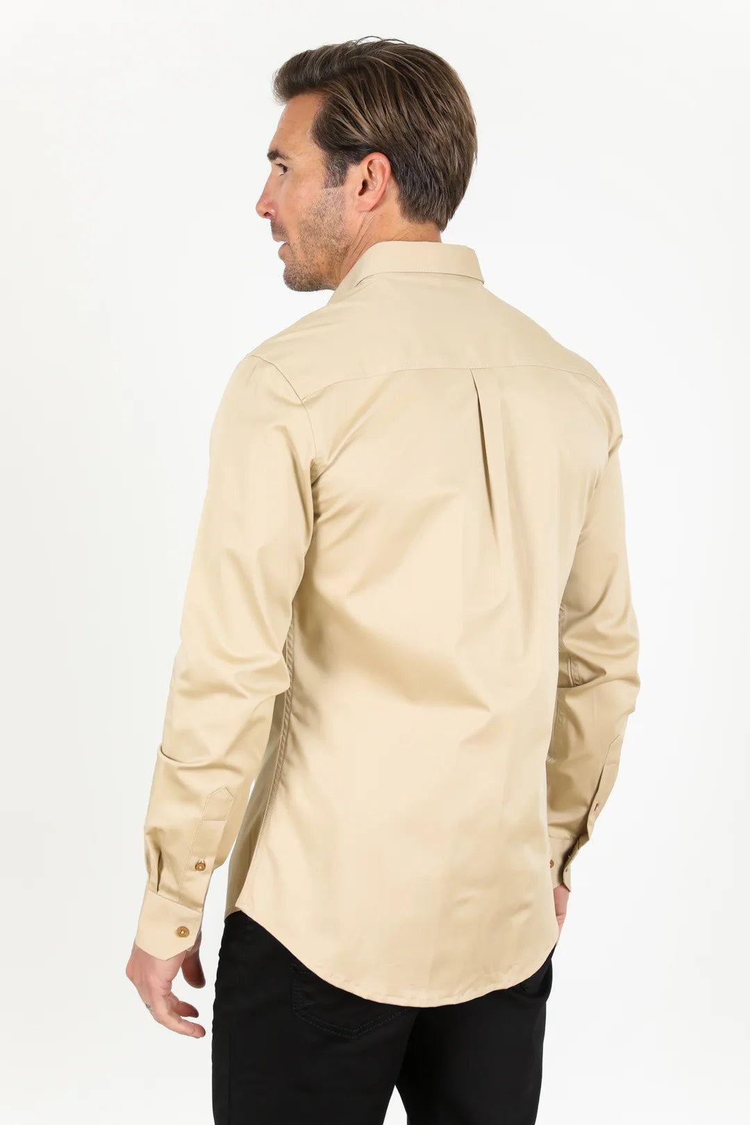 PLATINI MENS MODERN FIT STRETCH DRESS SHIRT - BEIGE