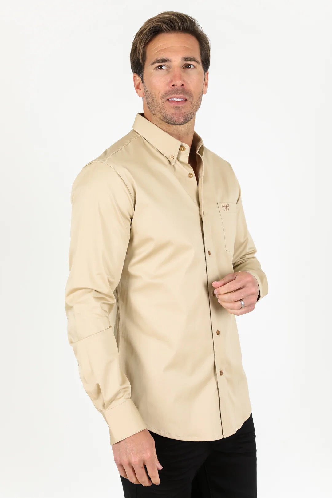 PLATINI MENS MODERN FIT STRETCH DRESS SHIRT - BEIGE
