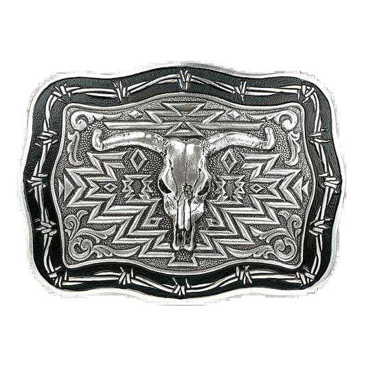 SILVER & BLACK STEER SKULL BELT BUCKLE