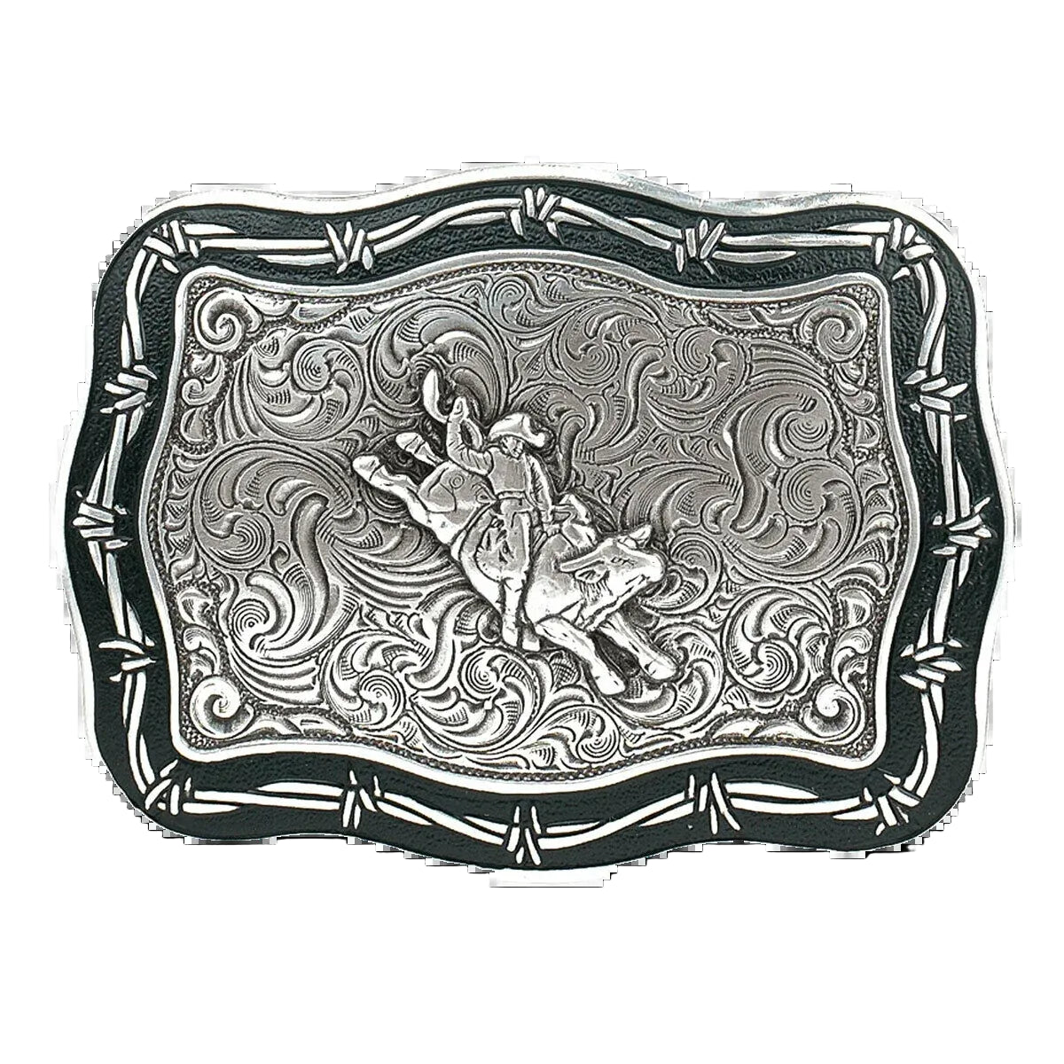 SILVER & BLACK BULL RIDER BELT BUCKLE