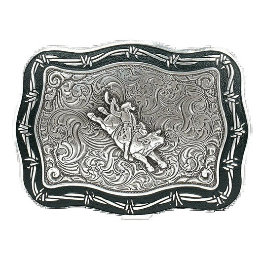 SILVER & BLACK BULL RIDER BELT BUCKLE