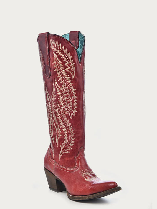 CORRAL WOMEN'S EMBROIDERY RED TALL TOP SNIP TOE COWBOY BOOT