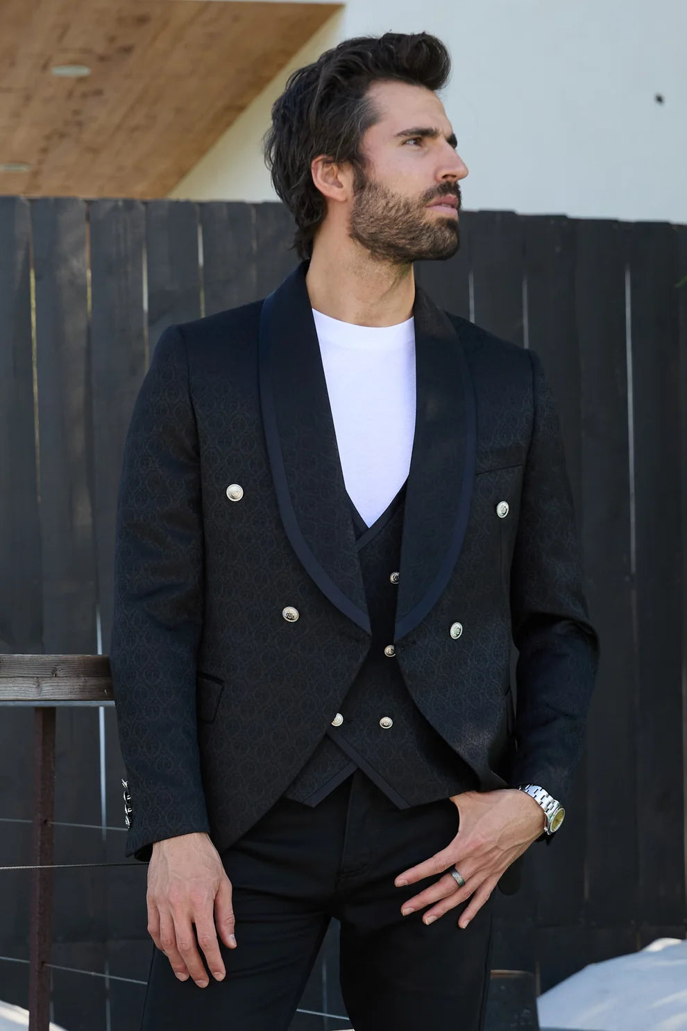 PLATINI JACQUARD BLAZER AND VEST SET BLACK