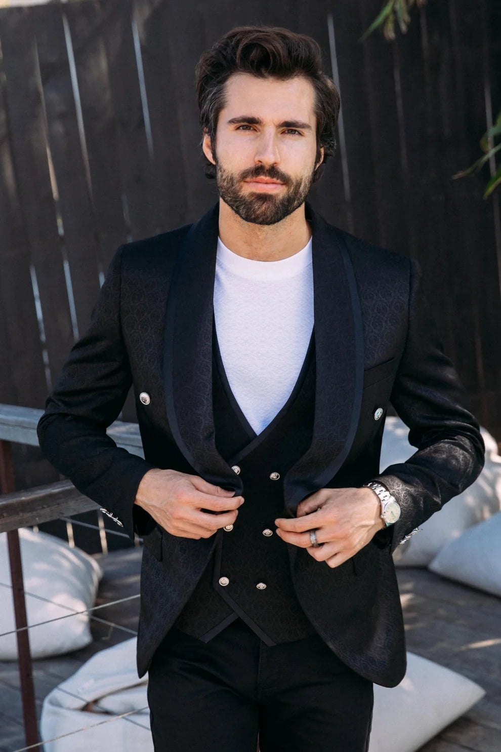 PLATINI JACQUARD BLAZER AND VEST SET BLACK