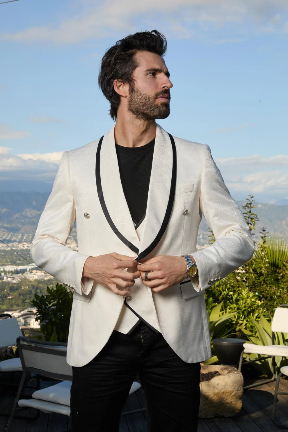PLATINI JACQUARD BLAZER AND VEST SET BEIGE