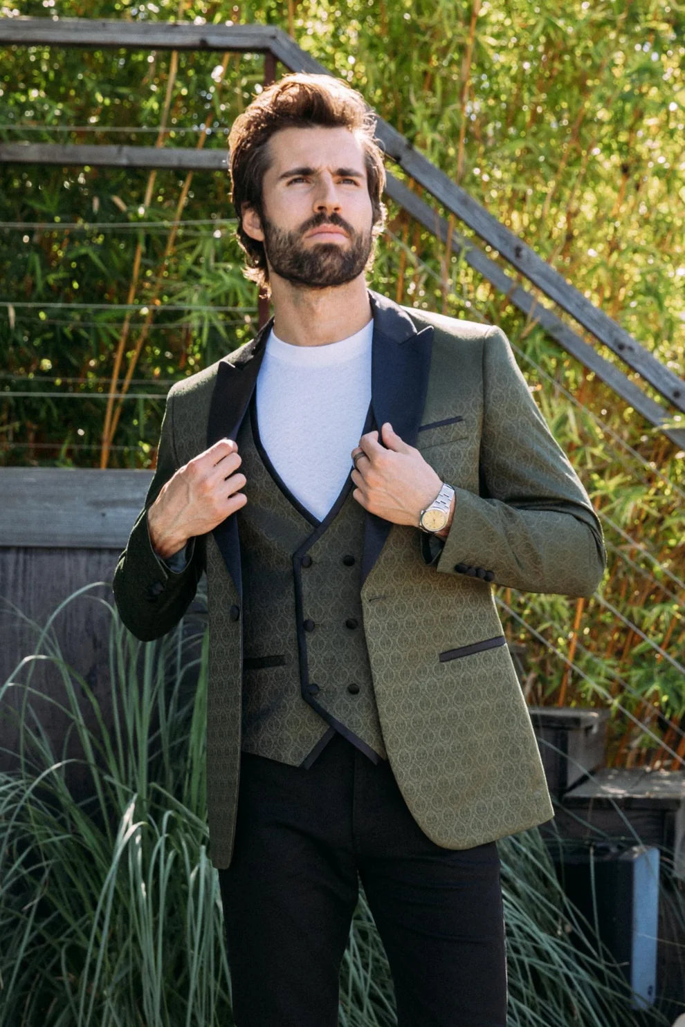 PLATINI JACQUARD BLAZER AND VEST SET OLIVE GREEN