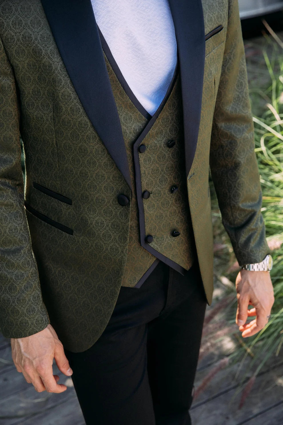 PLATINI JACQUARD BLAZER AND VEST SET OLIVE GREEN