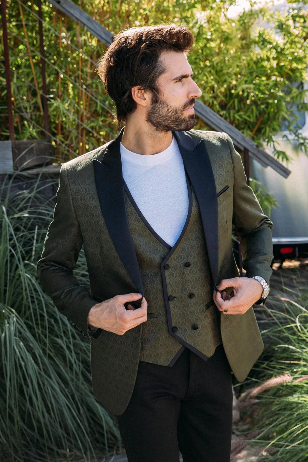 PLATINI JACQUARD BLAZER AND VEST SET OLIVE GREEN