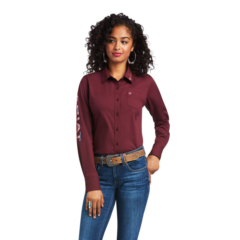 WOMEN'S Ariat Team Kirby Stretch LS Shirt, ZINFANDEL