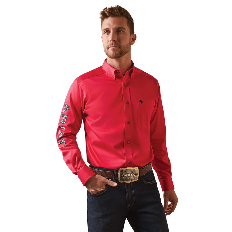 MEN'S ARIAT TEAM LOGO TWILL FITTED LS SHIRT, AZALEA