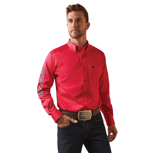 MEN'S ARIAT TEAM LOGO TWILL FITTED LS SHIRT, AZALEA