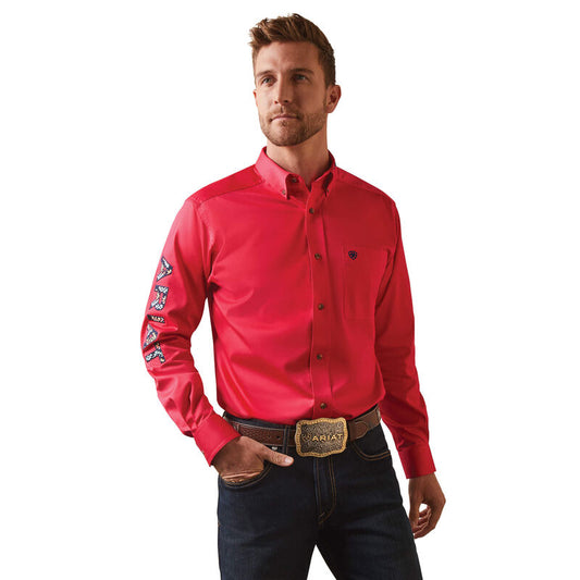 Men's Ariat Team Logo Twill Fitted LS Shirt, Azalea